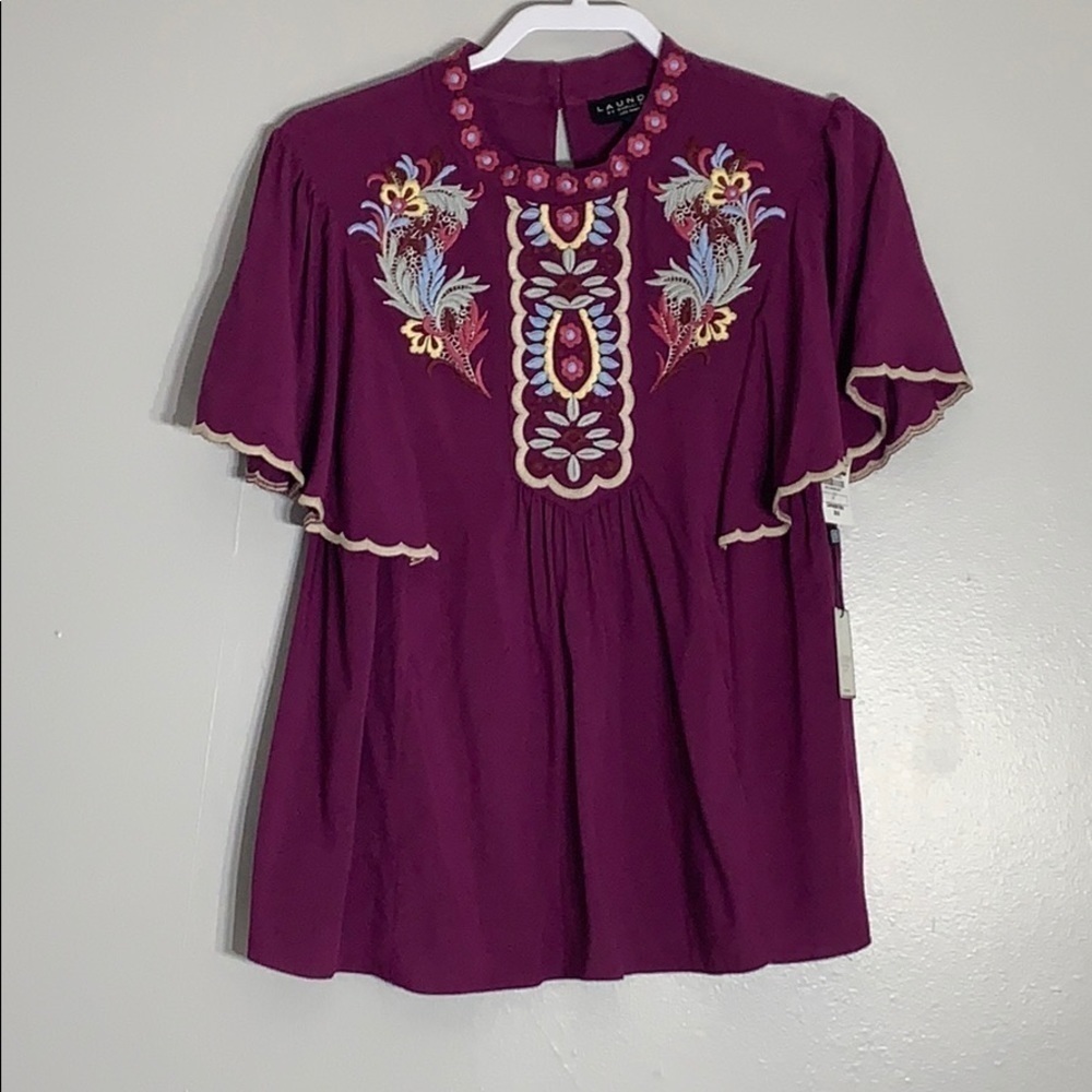 Laundry Mock Neck Embroidered Boho festival Top purple women’s medium new w tags